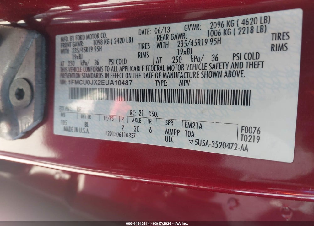 2014 FORD ESCAPE TITANIUM VIN: 1FMCU0JX2EUA10487