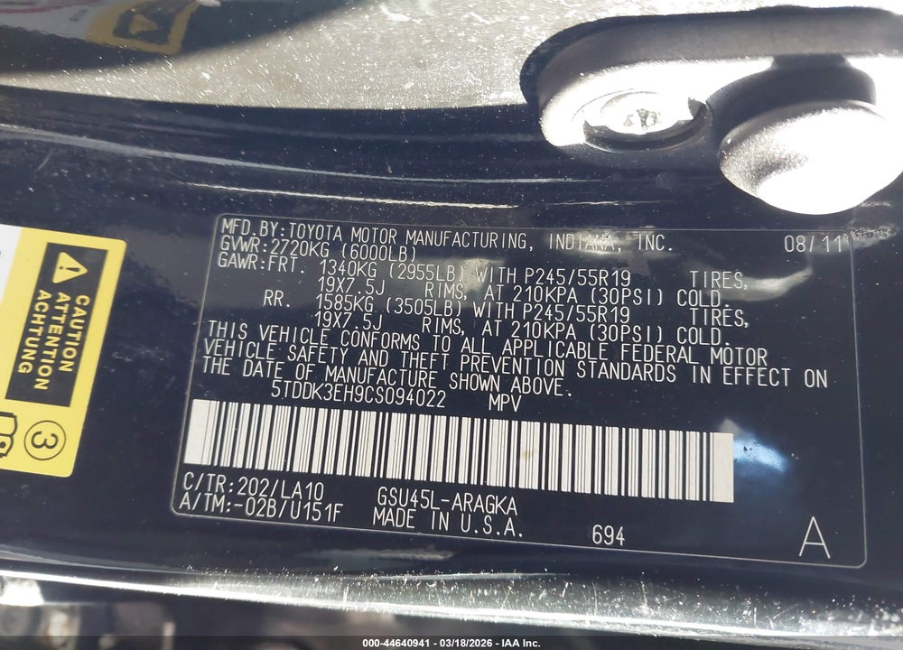 2012 TOYOTA HIGHLANDER LIMITED V6 VIN: 5TDDK3EH9CS094022