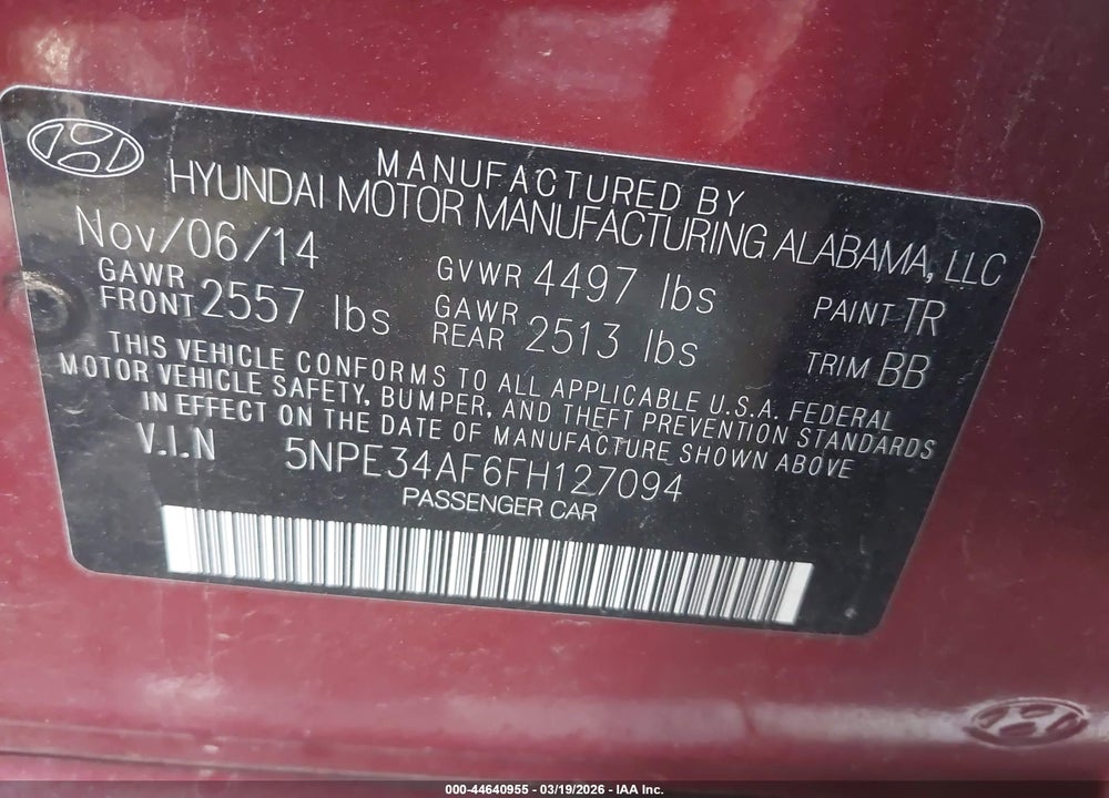 2015 HYUNDAI SONATA LIMITED VIN: 5NPE34AF6FH127094