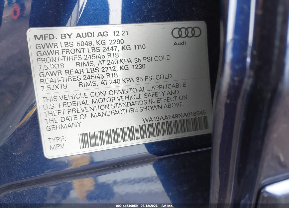 2022 AUDI A4 ALLROAD PRESTIGE 45 TFSI QUATTRO S TRONIC VIN: WA19AAF49NA018545