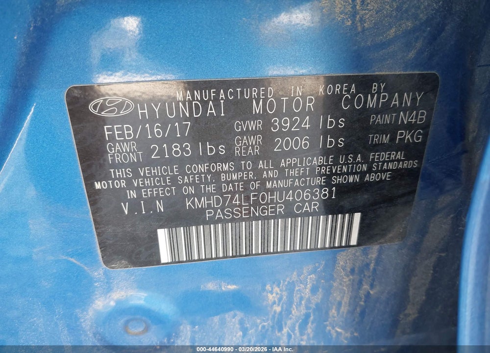 2017 HYUNDAI ELANTRA SE VIN: KMHD74LF0HU406381