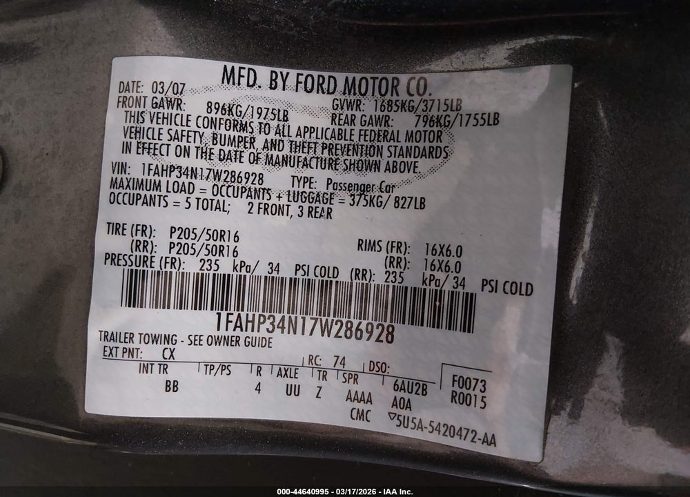 2007 FORD FOCUS S/SE/SES VIN: 1FAHP34N17W286928