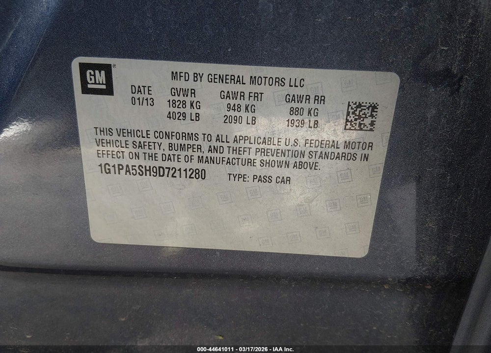 2013 CHEVROLET CRUZE LS AUTO VIN: 1G1PA5SH9D7211280