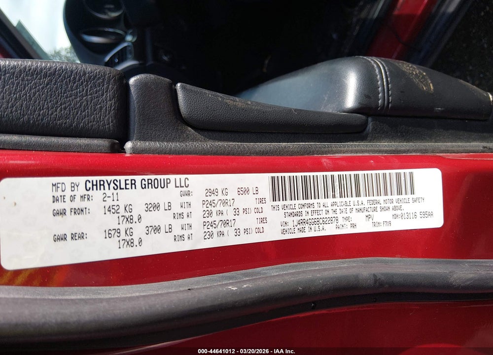 2011 JEEP GRAND CHEROKEE LAREDO VIN: 1J4RR4GG6BC622878
