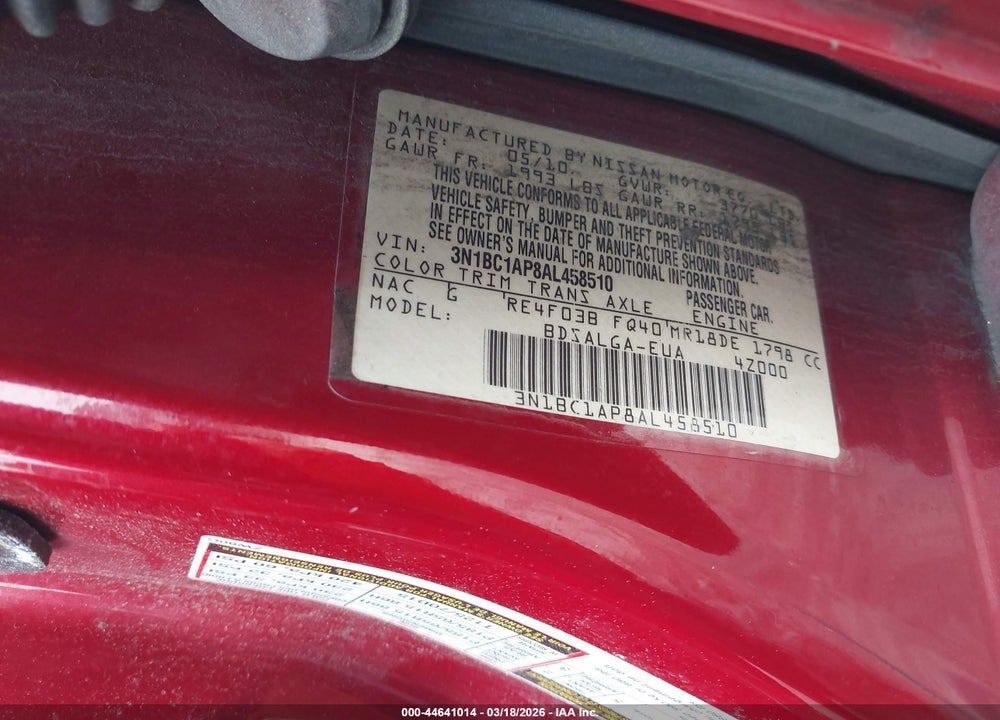 2010 NISSAN VERSA 1.8SL VIN: 3N1BC1AP8AL458510