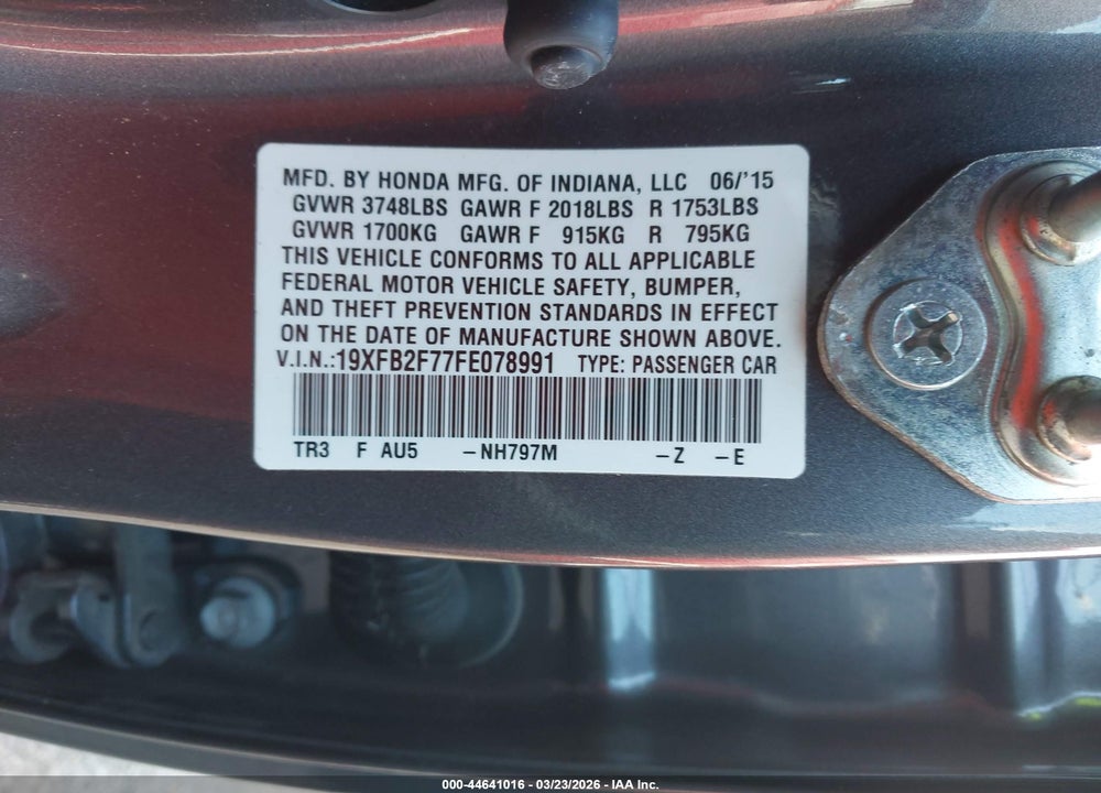 2015 HONDA CIVIC SE VIN: 19XFB2F77FE078991