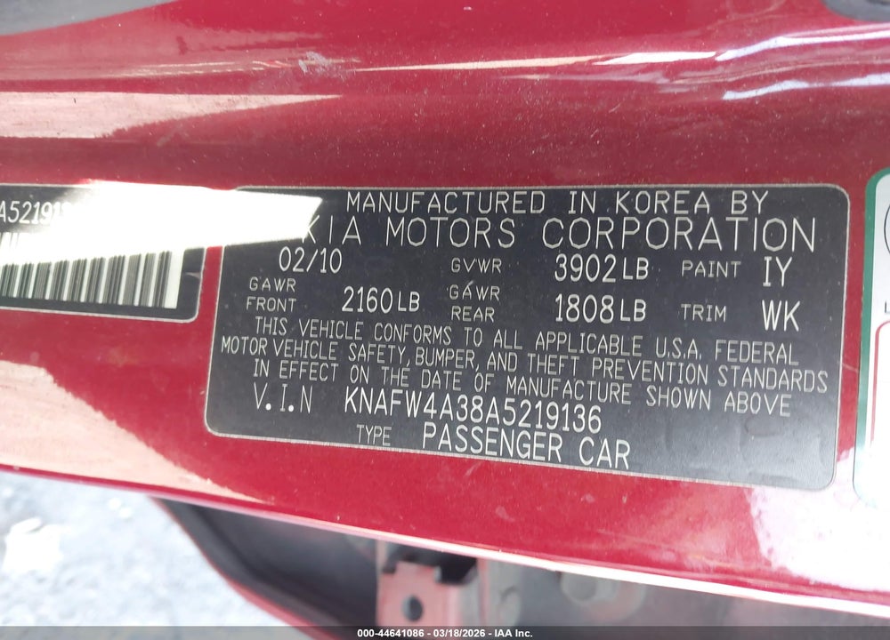 2010 KIA FORTE SX VIN: KNAFW4A38A5219136