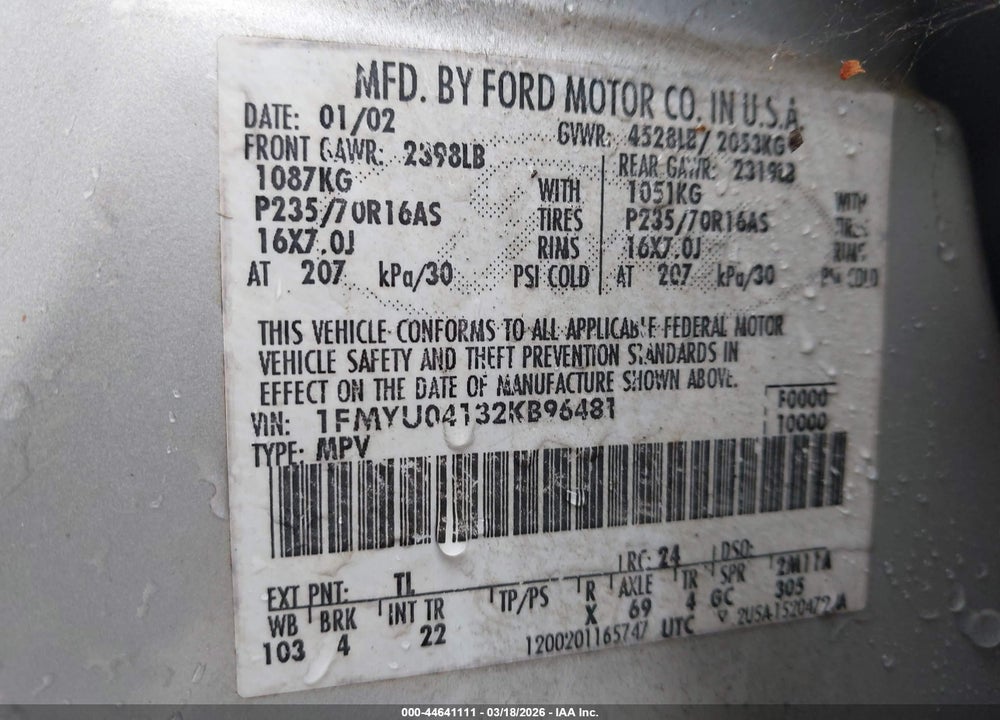 2002 FORD ESCAPE XLT VIN: 1FMYU04132KB96481