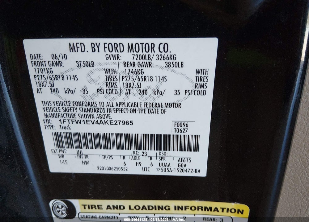 2010 FORD F-150 LARIAT VIN: 1FTFW1EV4AKE27965