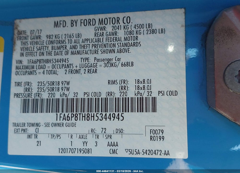 2017 FORD MUSTANG ECOBOOST VIN: 1FA6P8TH8H5344945