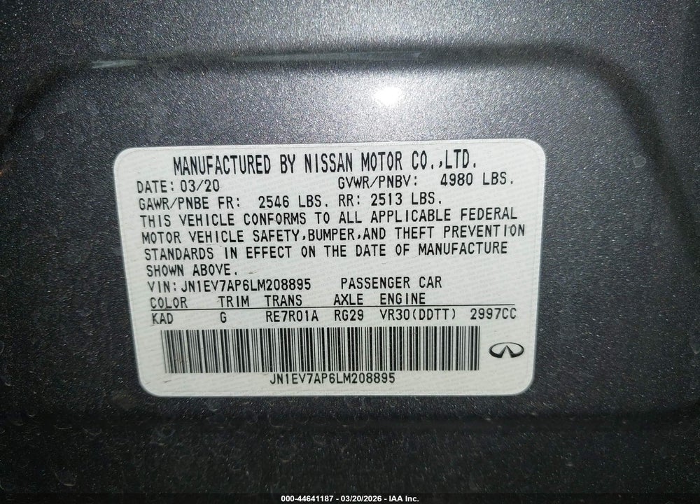 2020 INFINITI Q50 LUXE VIN: JN1EV7AP6LM208895