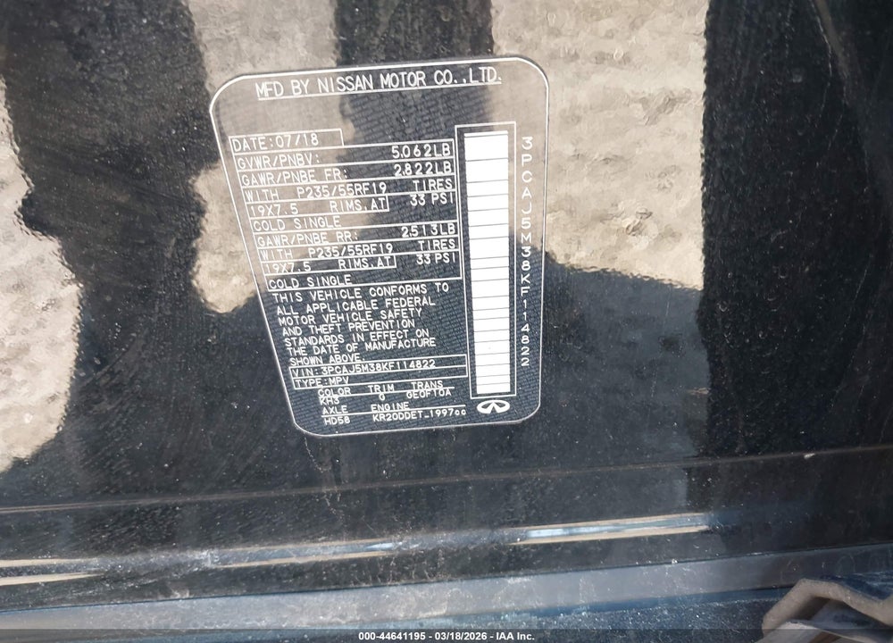 2019 INFINITI QX50 ESSENTIAL VIN: 3PCAJ5M38KF114822