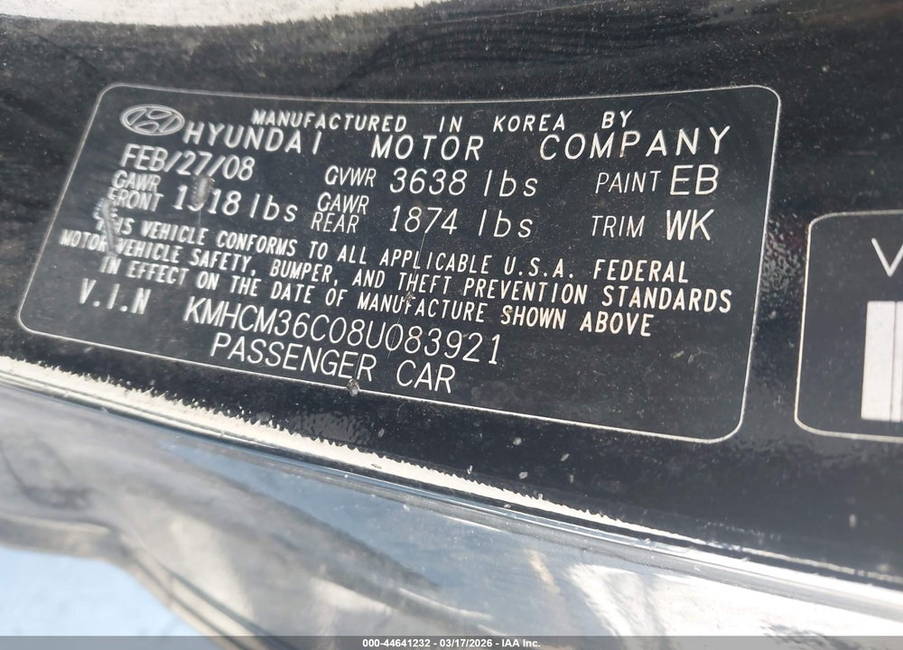 2008 HYUNDAI ACCENT GS VIN: KMHCM36C08U083921