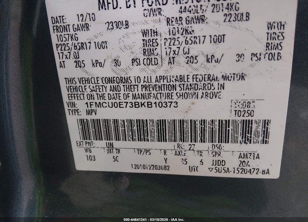 2011 FORD ESCAPE LIMITED VIN: 1FMCU0E73BKB10373
