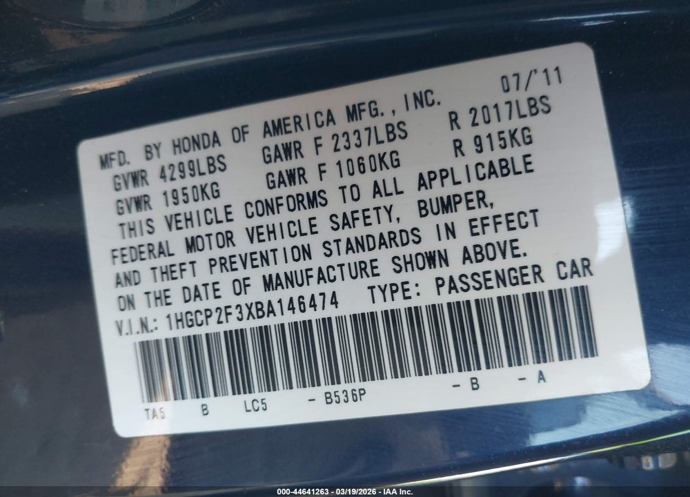 2011 HONDA ACCORD 2.4 LX VIN: 1HGCP2F3XBA146474