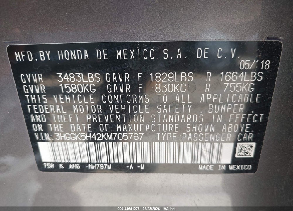 2019 HONDA FIT LX VIN: 3HGGK5H42KM705767