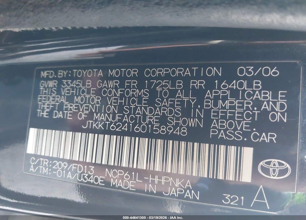 2006 SCION XA VIN: JTKKT624160158948