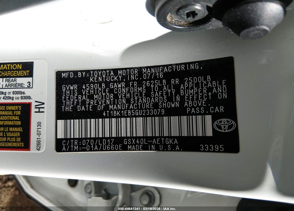 2016 TOYOTA AVALON XLE VIN: 4T1BK1EB5GU233079