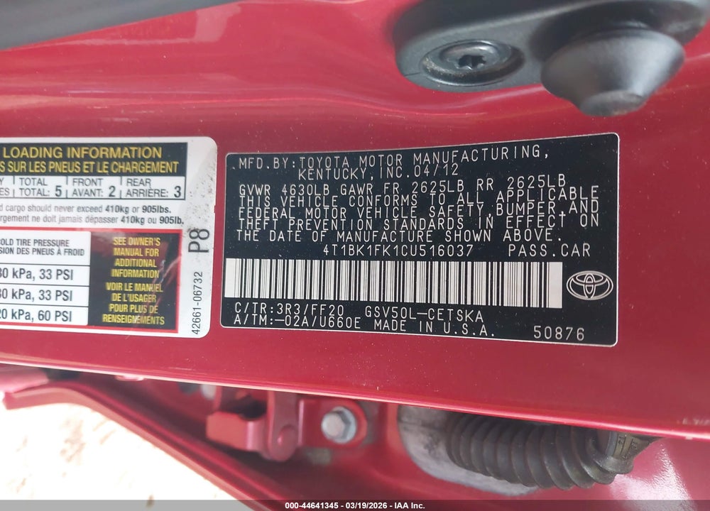 2012 TOYOTA CAMRY SE V6 VIN: 4T1BK1FK1CU516037