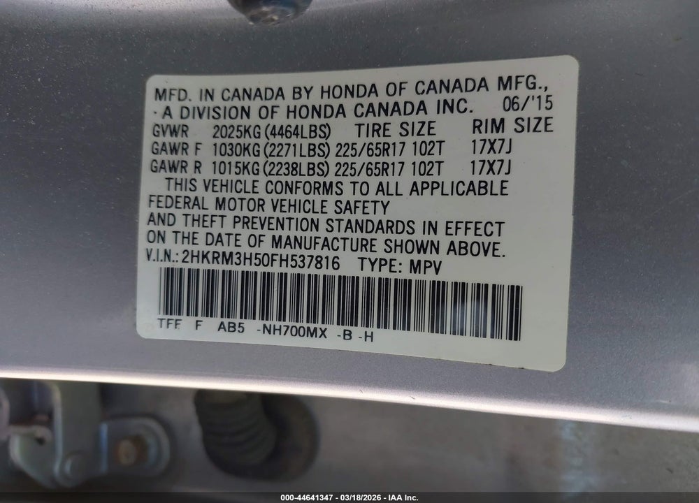 2015 HONDA CR-V EX VIN: 2HKRM3H50FH537816