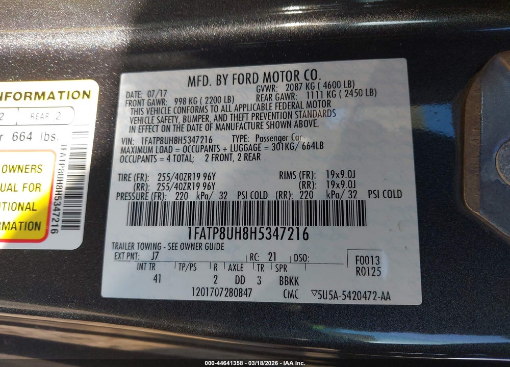 2017 FORD MUSTANG ECOBOOST PREMIUM VIN: 1FATP8UH8H5347216