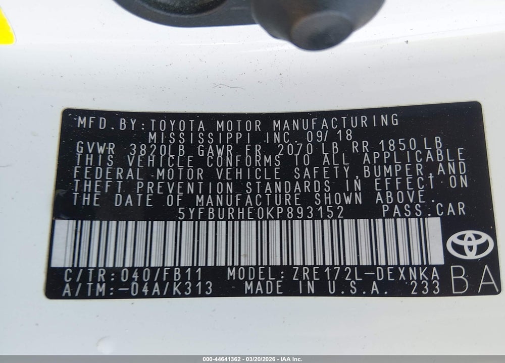 2019 TOYOTA COROLLA LE VIN: 5YFBURHE0KP893152