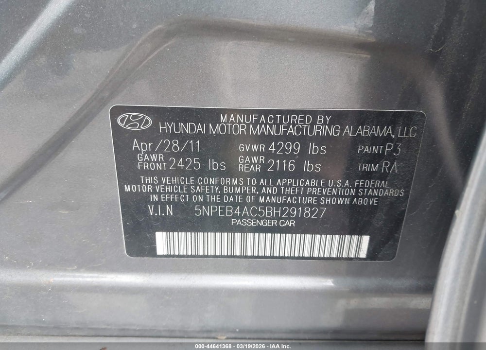2011 HYUNDAI SONATA GLS VIN: 5NPEB4AC5BH291827