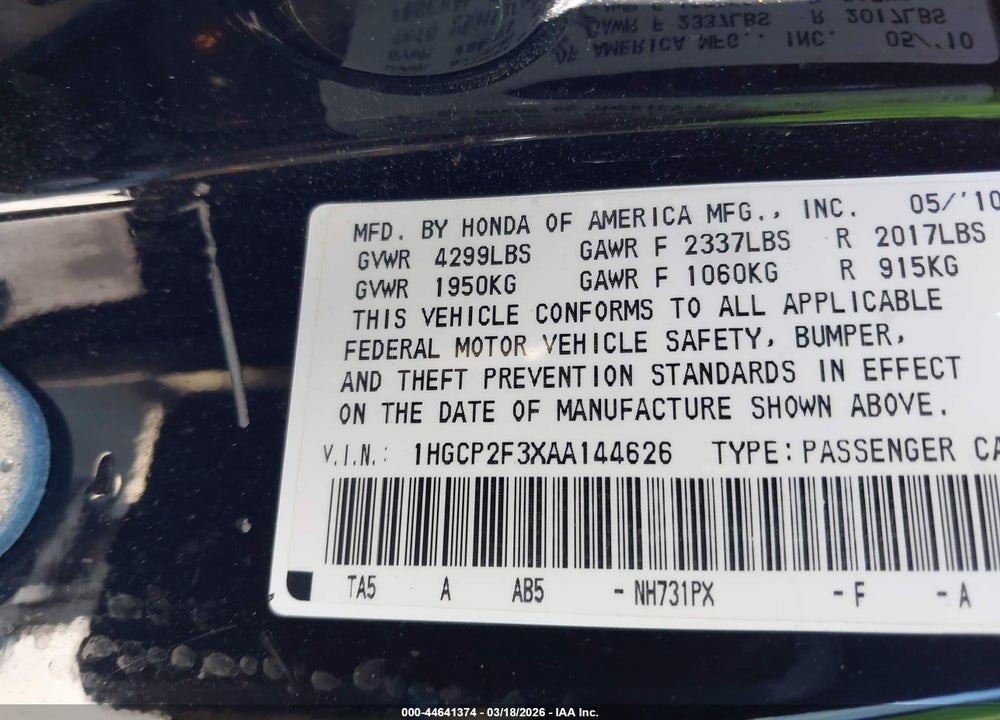 2010 HONDA ACCORD 2.4 LX VIN: 1HGCP2F3XAA144626