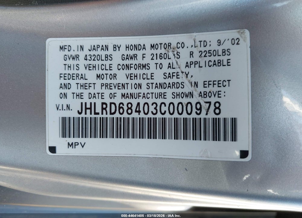 2003 HONDA CR-V LX VIN: JHLRD68403C000978