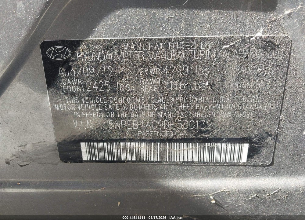 2013 HYUNDAI SONATA GLS VIN: 5NPEB4AC9DH580132