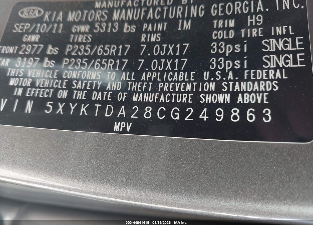 2012 KIA SORENTO LX V6 VIN: 5XYKTDA28CG249863