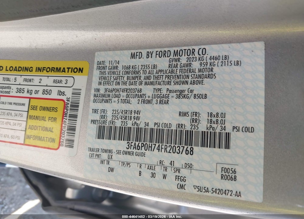2015 FORD FUSION SE VIN: 3FA6P0H74FR203768