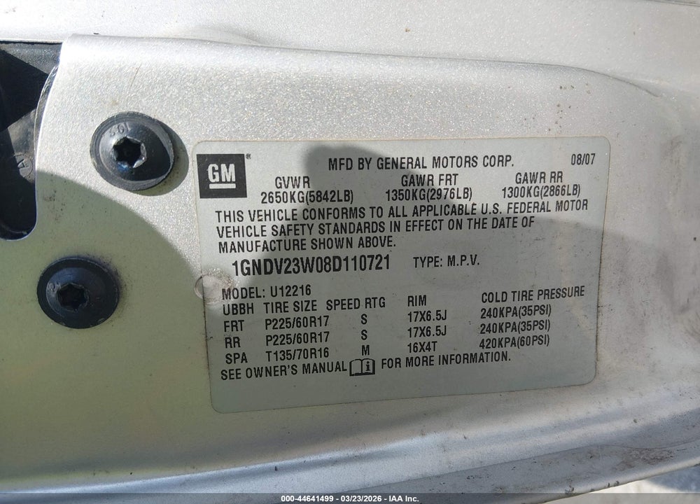 2008 CHEVROLET UPLANDER LS VIN: 1GNDV23W08D110721