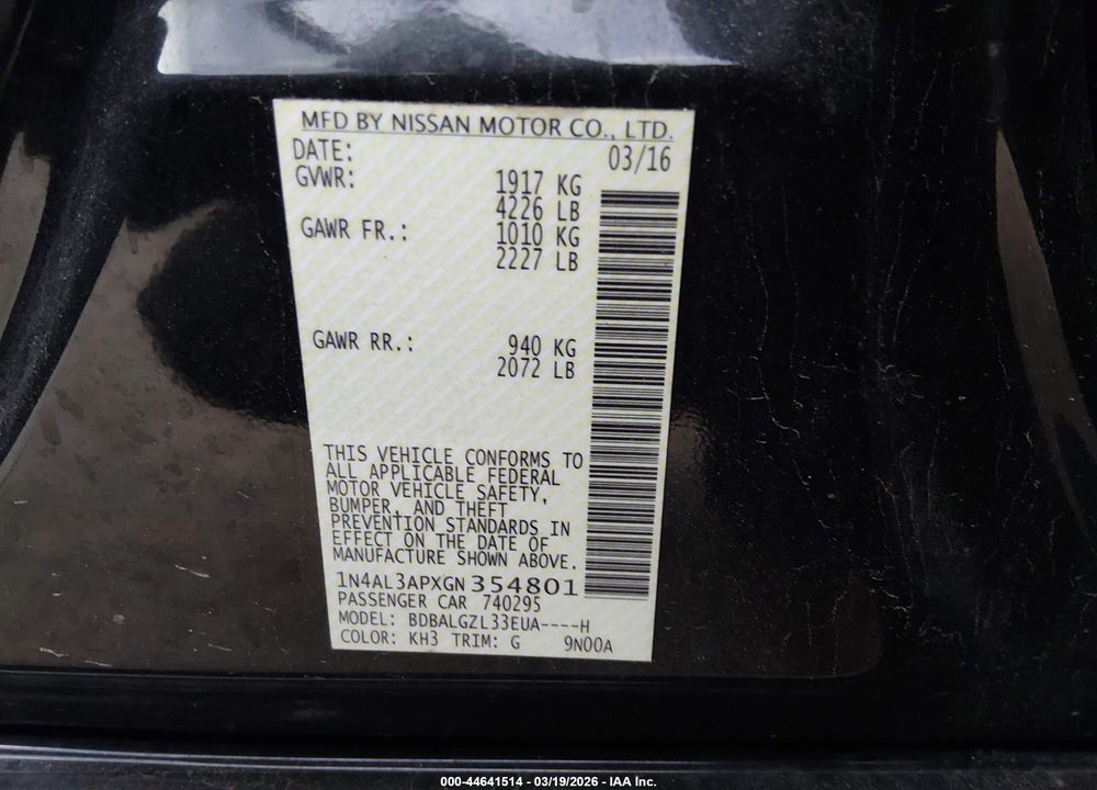 2016 NISSAN ALTIMA VIN: 1N4AL3APXGN354801