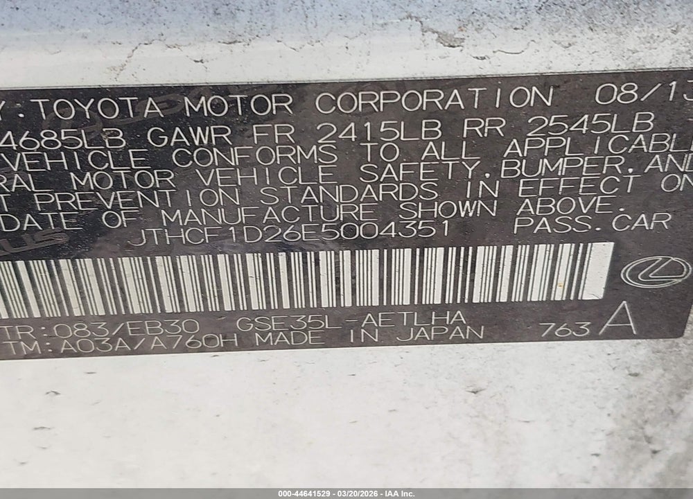 2014 LEXUS IS 250 VIN: JTHCF1D26E5004351