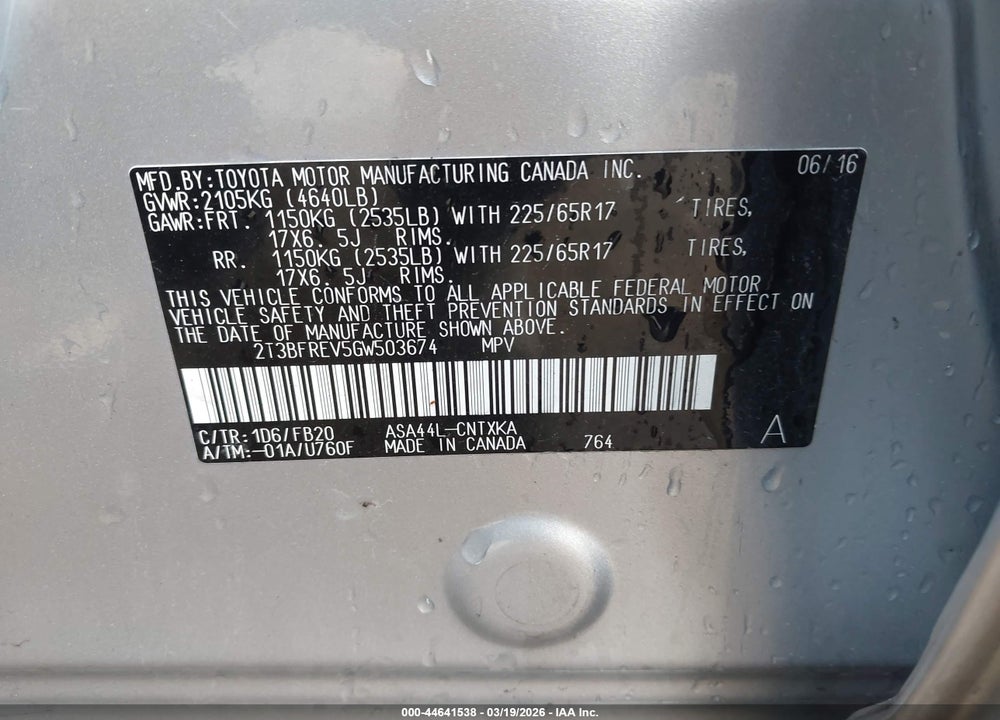 2016 TOYOTA RAV4 LE VIN: 2T3BFREV5GW503674