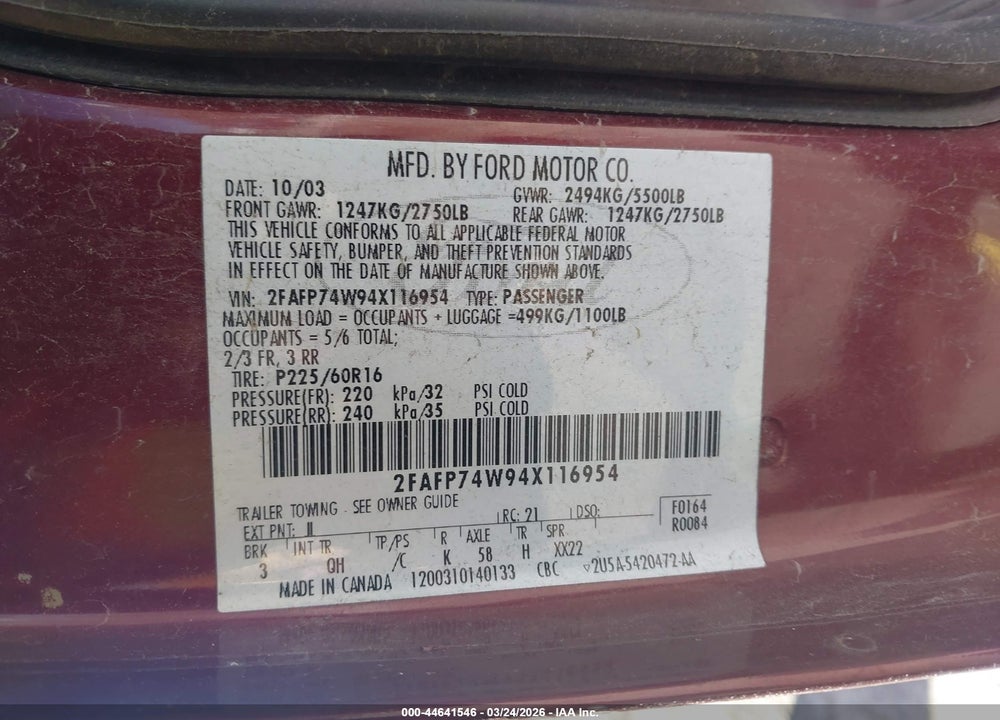 2004 FORD CROWN VICTORIA LX VIN: 2FAFP74W94X116954
