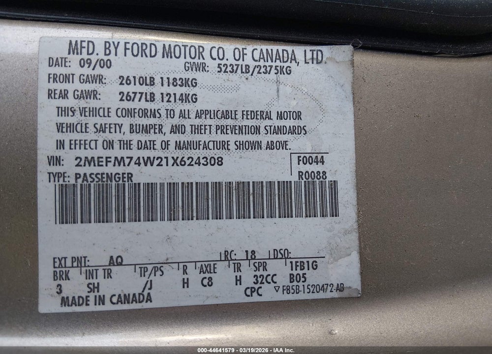 2001 MERCURY GRAND MARQUIS GS VIN: 2MEFM74W21X624308