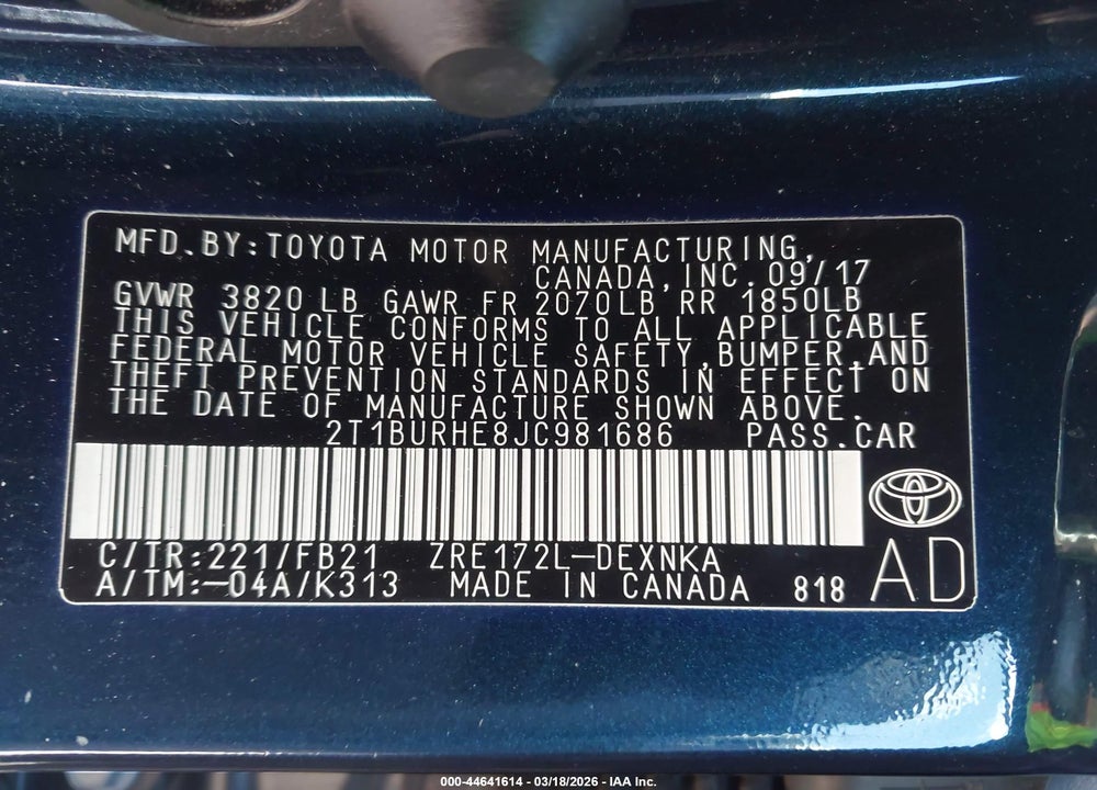 2018 TOYOTA COROLLA LE VIN: 2T1BURHE8JC981686