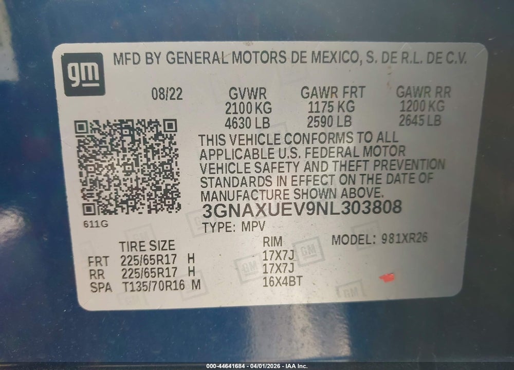2022 CHEVROLET EQUINOX AWD LT VIN: 3GNAXUEV9NL303808