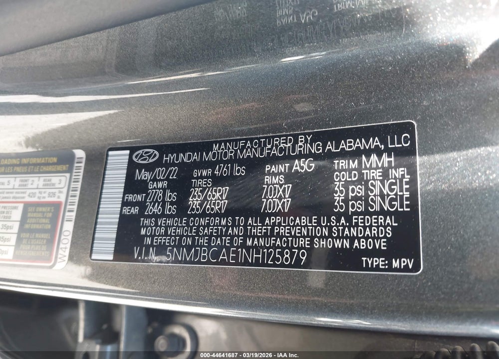 2022 HYUNDAI TUCSON SEL VIN: 5NMJBCAE1NH125879