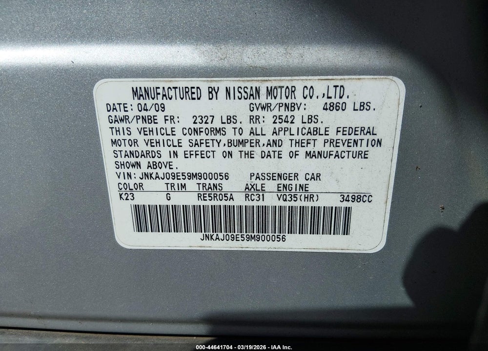 2009 INFINITI EX35 JOURNEY VIN: JNKAJ09E59M900056