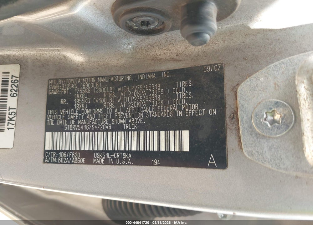2007 TOYOTA TUNDRA SR5 V8 VIN: 5TBRV54167S472048