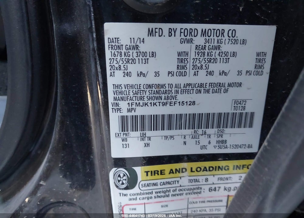 2015 FORD EXPEDITION EL LIMITED VIN: 1FMJK1KT9FEF15128