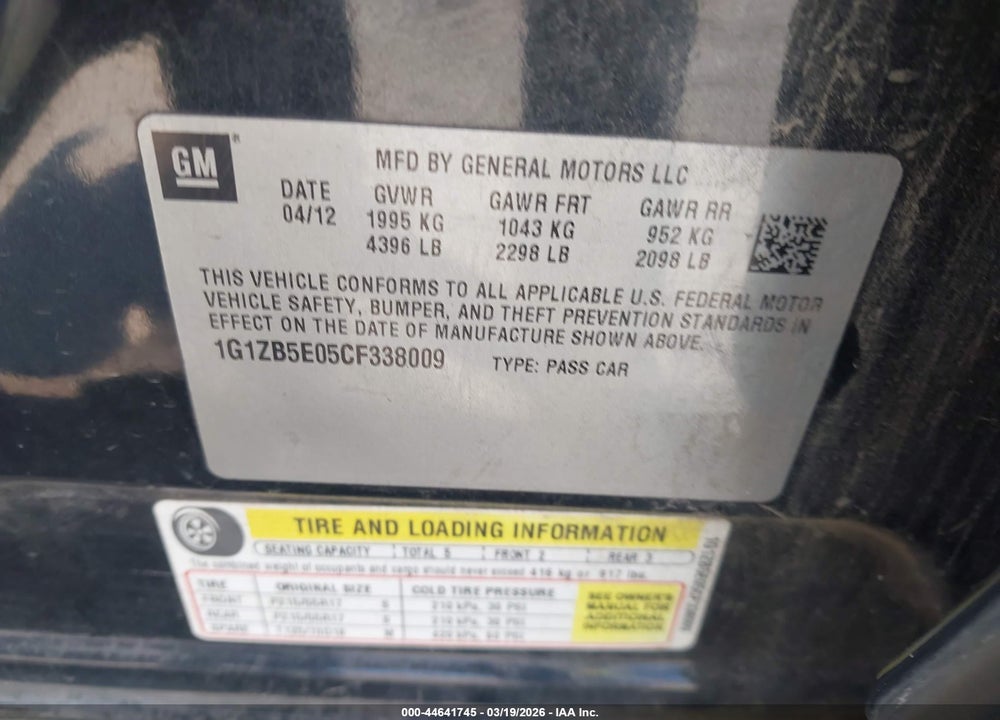2012 CHEVROLET MALIBU LS VIN: 1G1ZB5E05CF338009