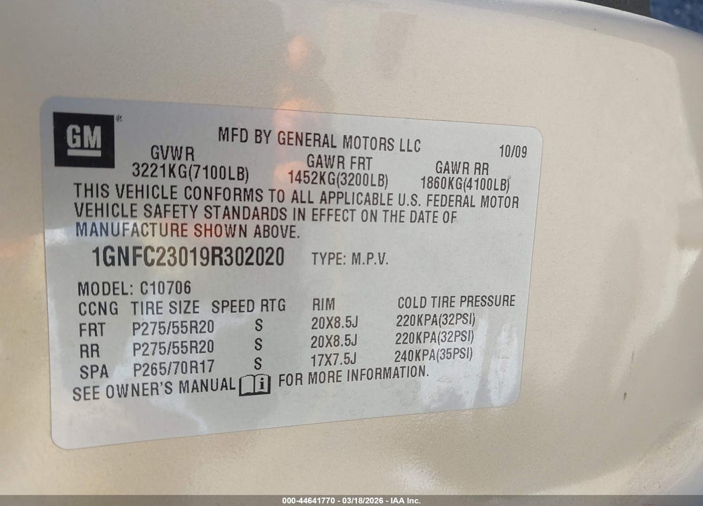 2009 CHEVROLET TAHOE LT1 VIN: 1GNFC23019R302020