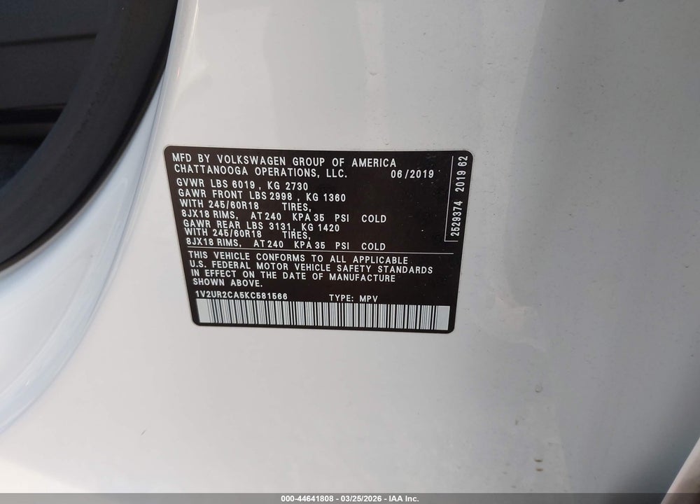 2019 VOLKSWAGEN ATLAS 3.6L V6 SE W/TECHNOLOGY VIN: 1V2UR2CA5KC581566