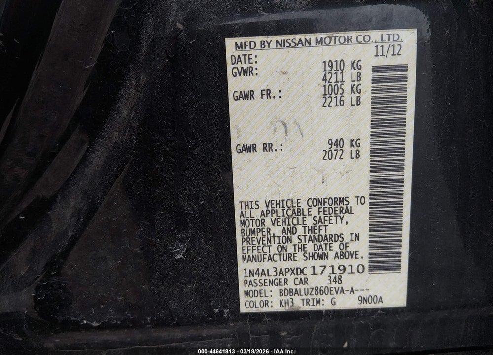 2013 NISSAN ALTIMA 2.5 SV VIN: 1N4AL3APXDC171910