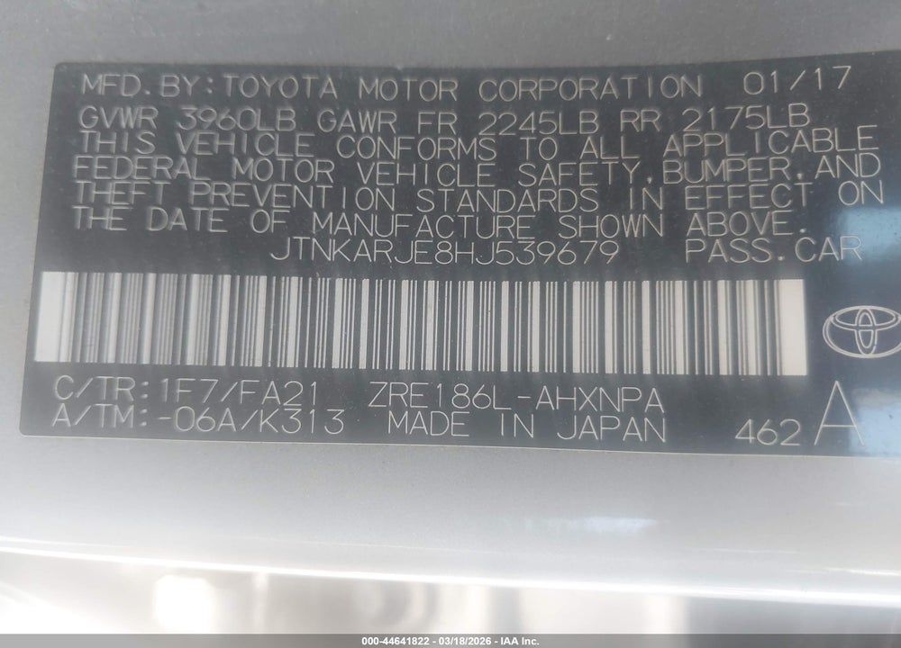 2017 TOYOTA COROLLA IM VIN: JTNKARJE8HJ539679