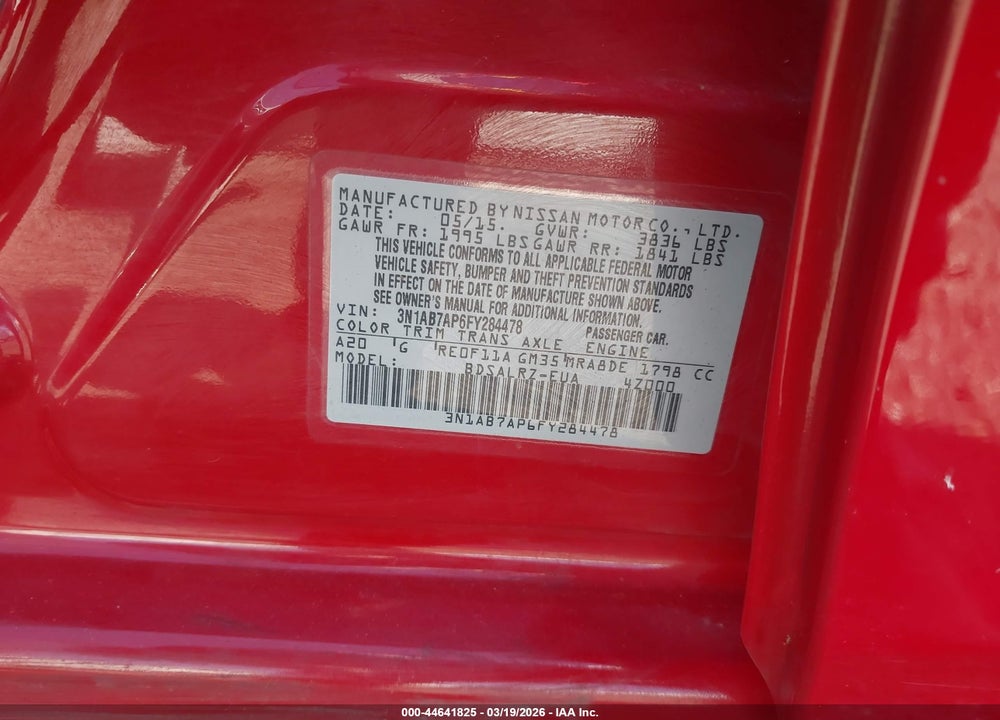 2015 NISSAN SENTRA SR VIN: 3N1AB7AP6FY284478